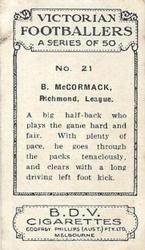 1933 Godfrey Phillips B.D.V. Victorian Footballers (A Series of 50) #21 Basil McCormack Back